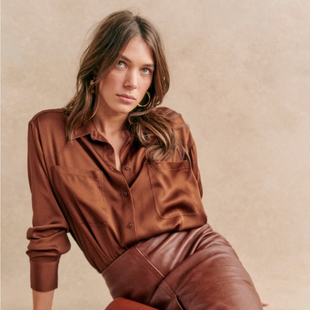 Sezane Elegant Brown Satin Blouse